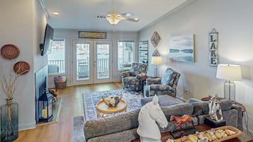 Smart TV, fireplace, books