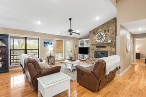 Smart TV, fireplace, books
