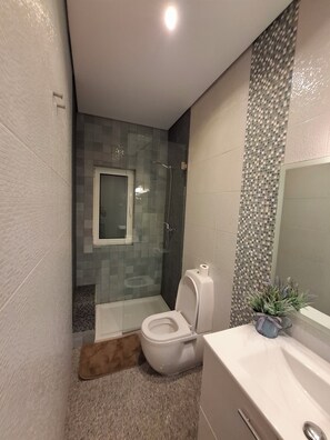 Dusche, Haartrockner, Handtücher, Seife