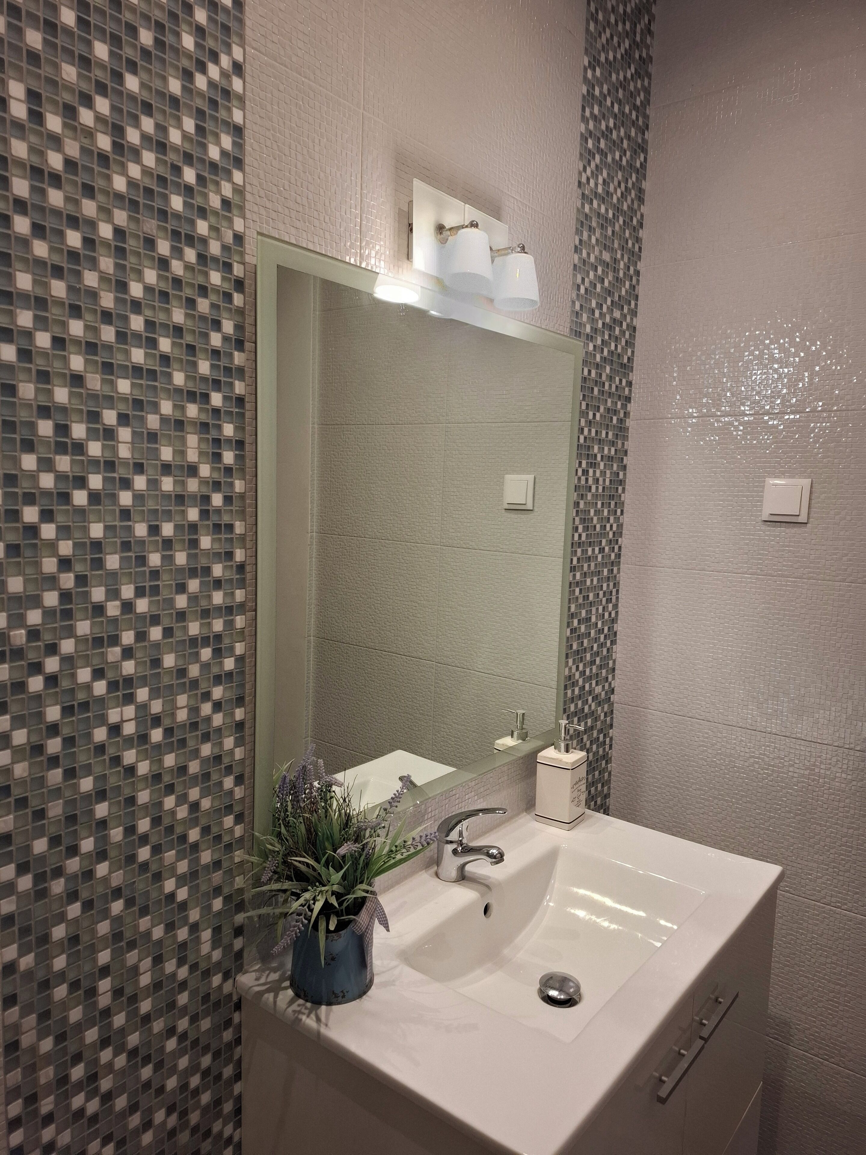 A bathroom with a large mirror, a white sink, and a potted plant.