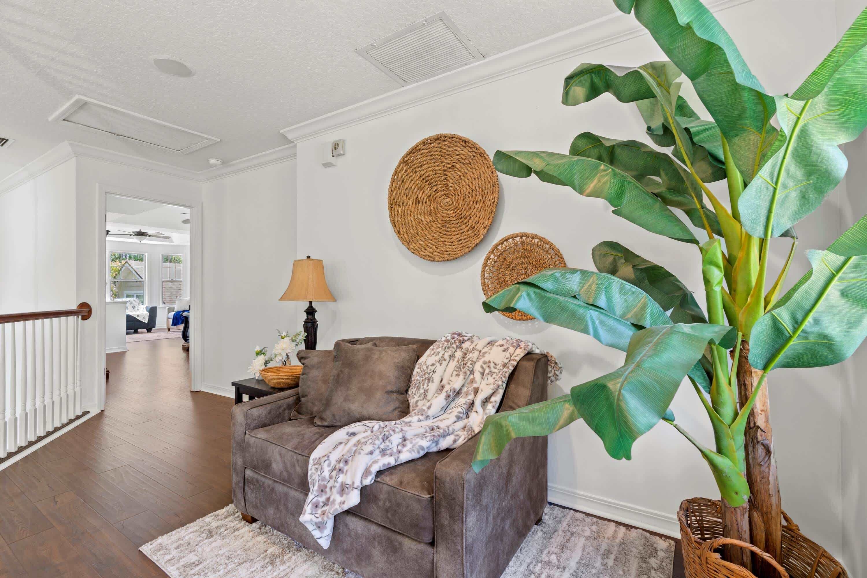 A living room with a brown sofa, a large plant, and two woven wall hangings.