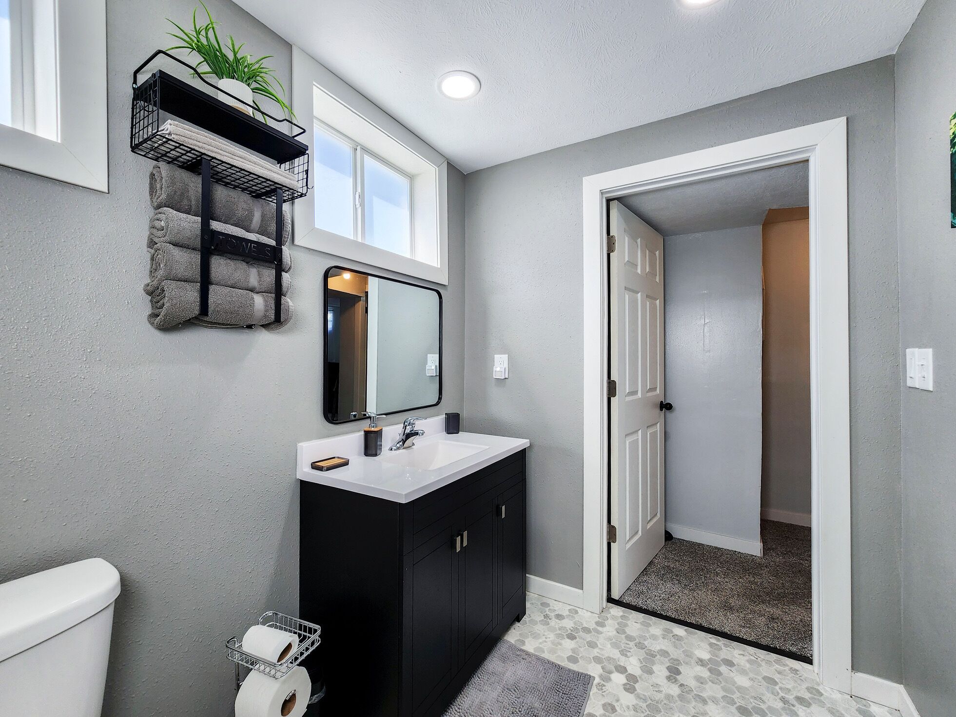 Shower, towels, soap, toilet paper