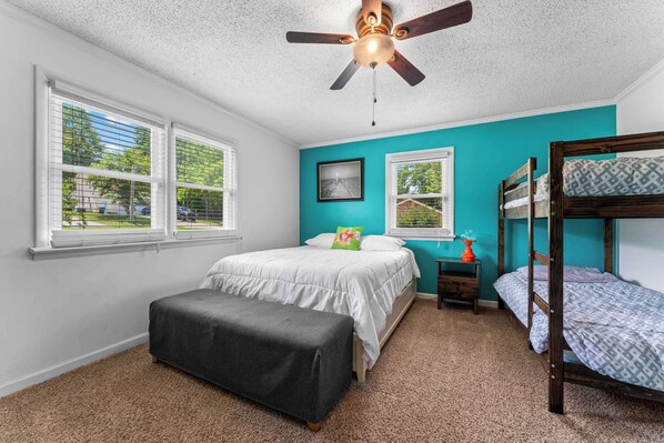 House, Multiple Beds, Patio (The Blue Bungalow) | 3 bedrooms, individually decorated, individually furnished, bed sheets