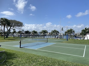 Una cancha de tenis al aire libre con red, rodeada de palmeras y una masa de agua.