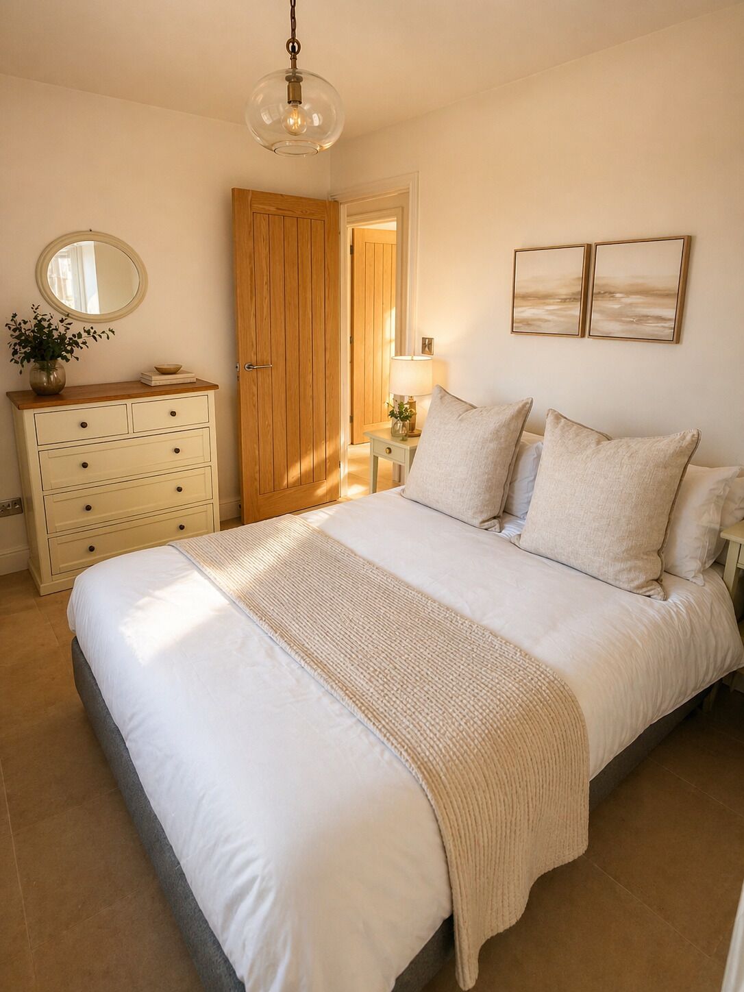Ein Schlafzimmer mit einem großen Bett, einem Schminktisch, einem Spiegel, einer Holztür und zwei an der Wand befestigten Bildern.