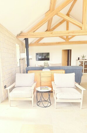 Älytelevisio, takka, kirjoja, stereot