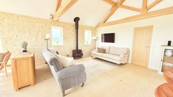 Smart-TV, Kamin, Bücher, Stereoanlage