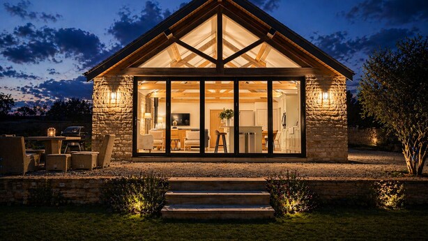 Una casa in pietra con un'ampia vetrata, travi in legno e facciata in pietra.