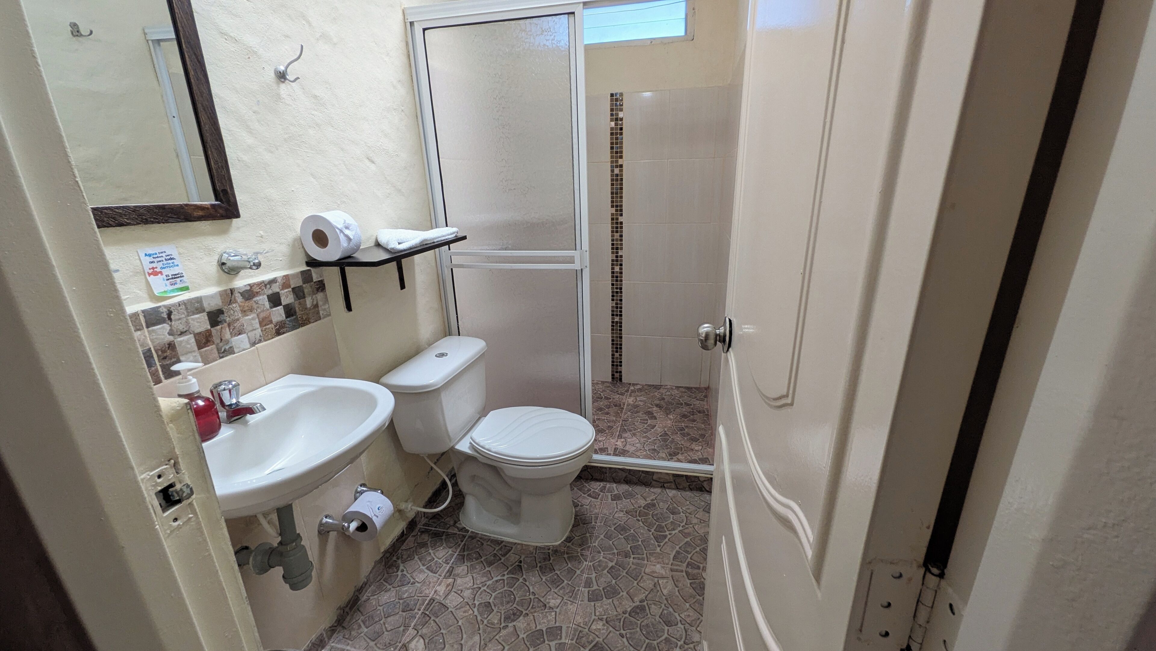 Une salle de bain avec un lavabo, des toilettes et une douche.