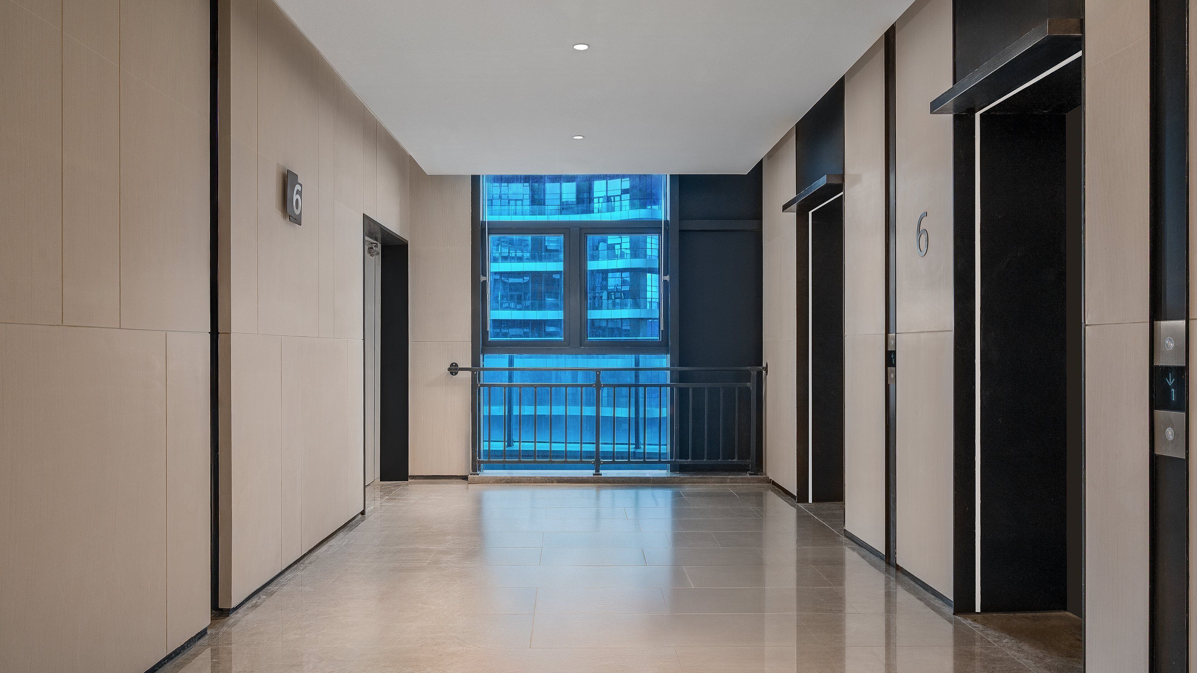 A modern hallway with a glass door leading to a balcony, a number '6' sign, and an elevator.
