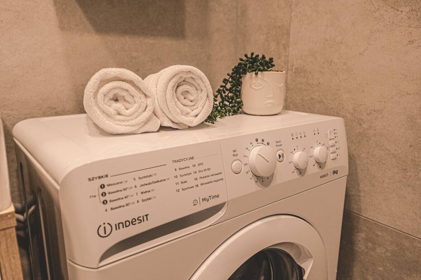 A front-loading Indesit washing machine with control knobs and a small potted plant on top.