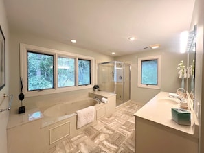 Shower, jetted tub, hair dryer, towels