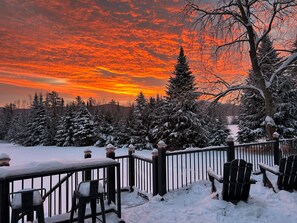 A snow-covered deck with Adirondack chairs and a railing, overlooking a forested area with snow-covered trees. - 9FR Renovated home with beautiful views, large yard, dogs welcome! AC (Bethlehem)