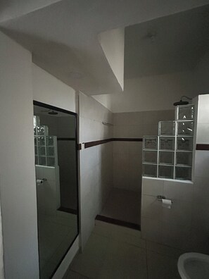A bathroom with a glass shower enclosure, a toilet, and a sink.