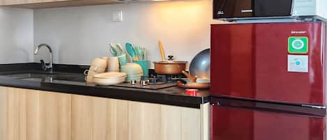 公寓, 1 間臥室, 城市景觀 | 私人廚房 | 電冰箱、微波爐、爐台、鍋具/餐盤/廚房用品