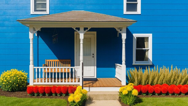 Een blauw huis met een veranda, een houten bank en een deur.