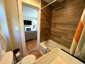 Hair dryer, towels, soap, toilet paper