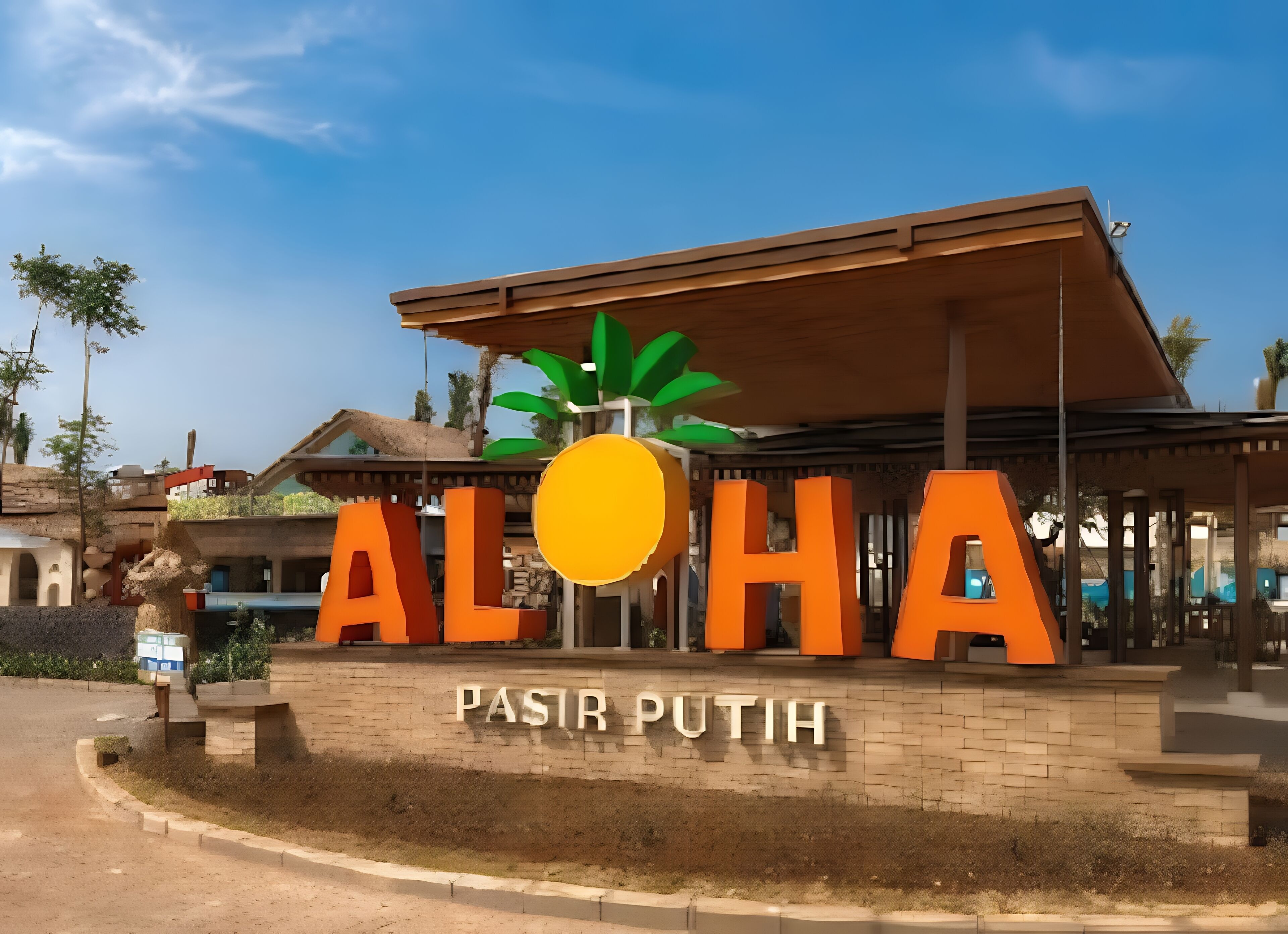 A sign with "ALOHA" and "PASIR PUTIH" indicating a location.