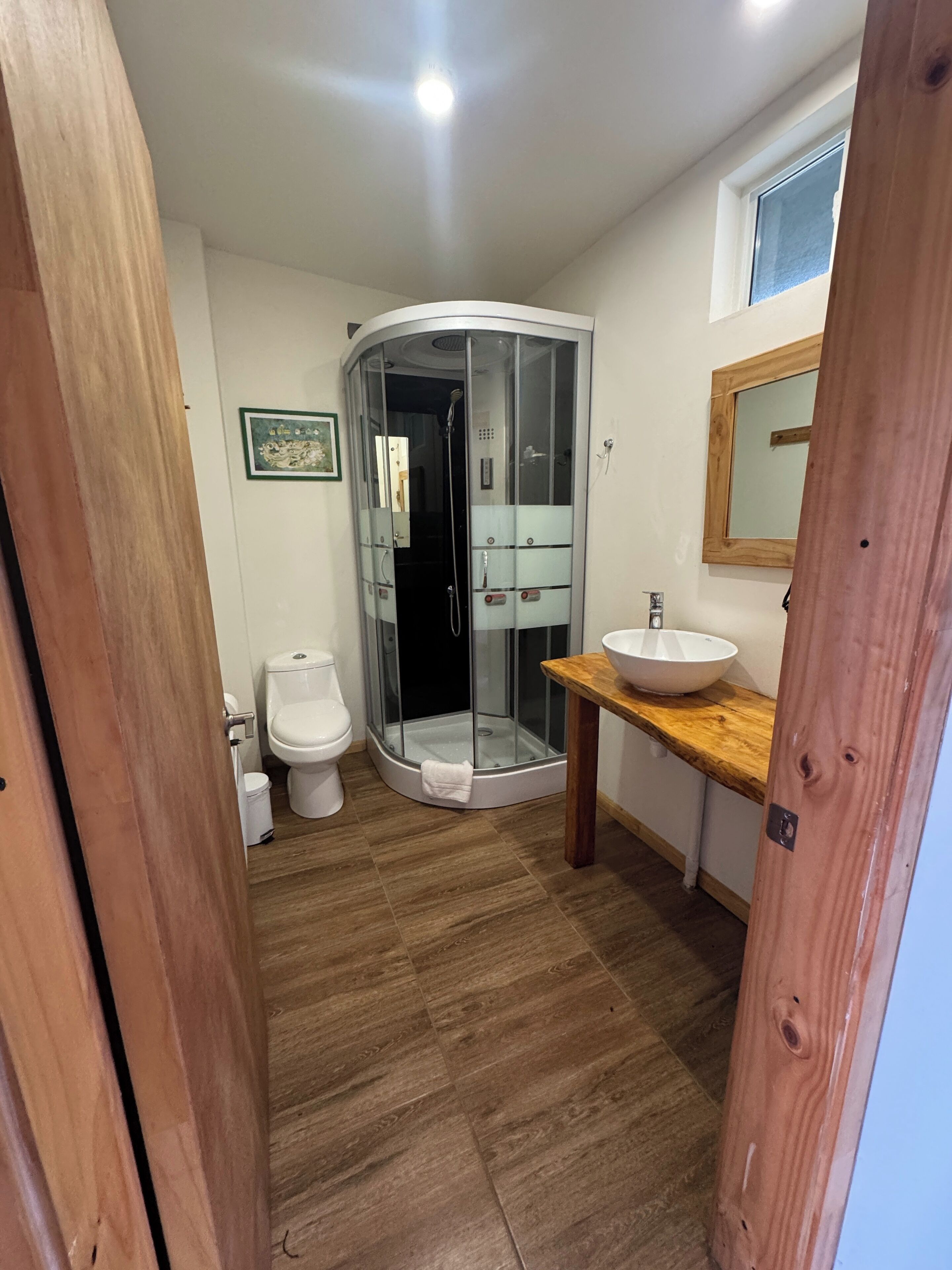 Ein Badezimmer mit Duschkabine, Toilette und Waschbecken mit Holzplatte.