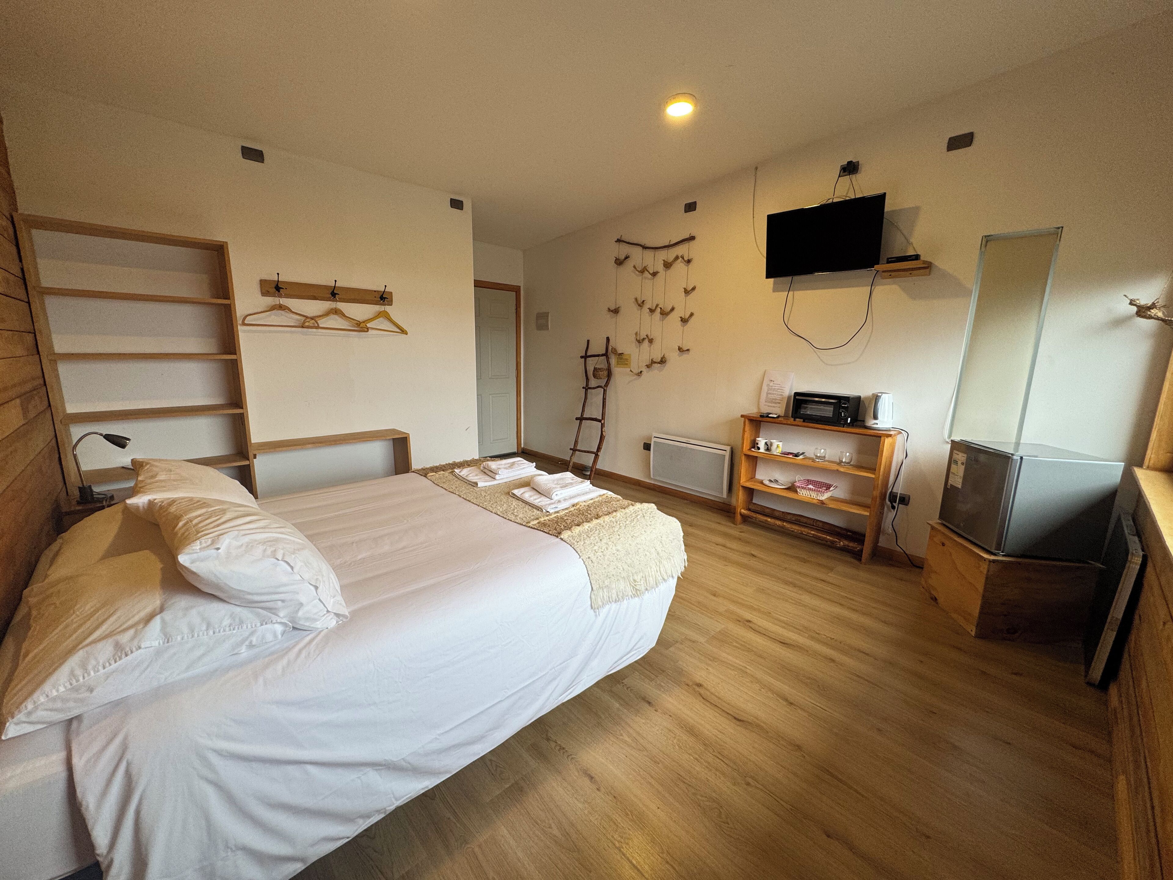 A bedroom with a bed, a wooden dresser, a television, and a mirror.