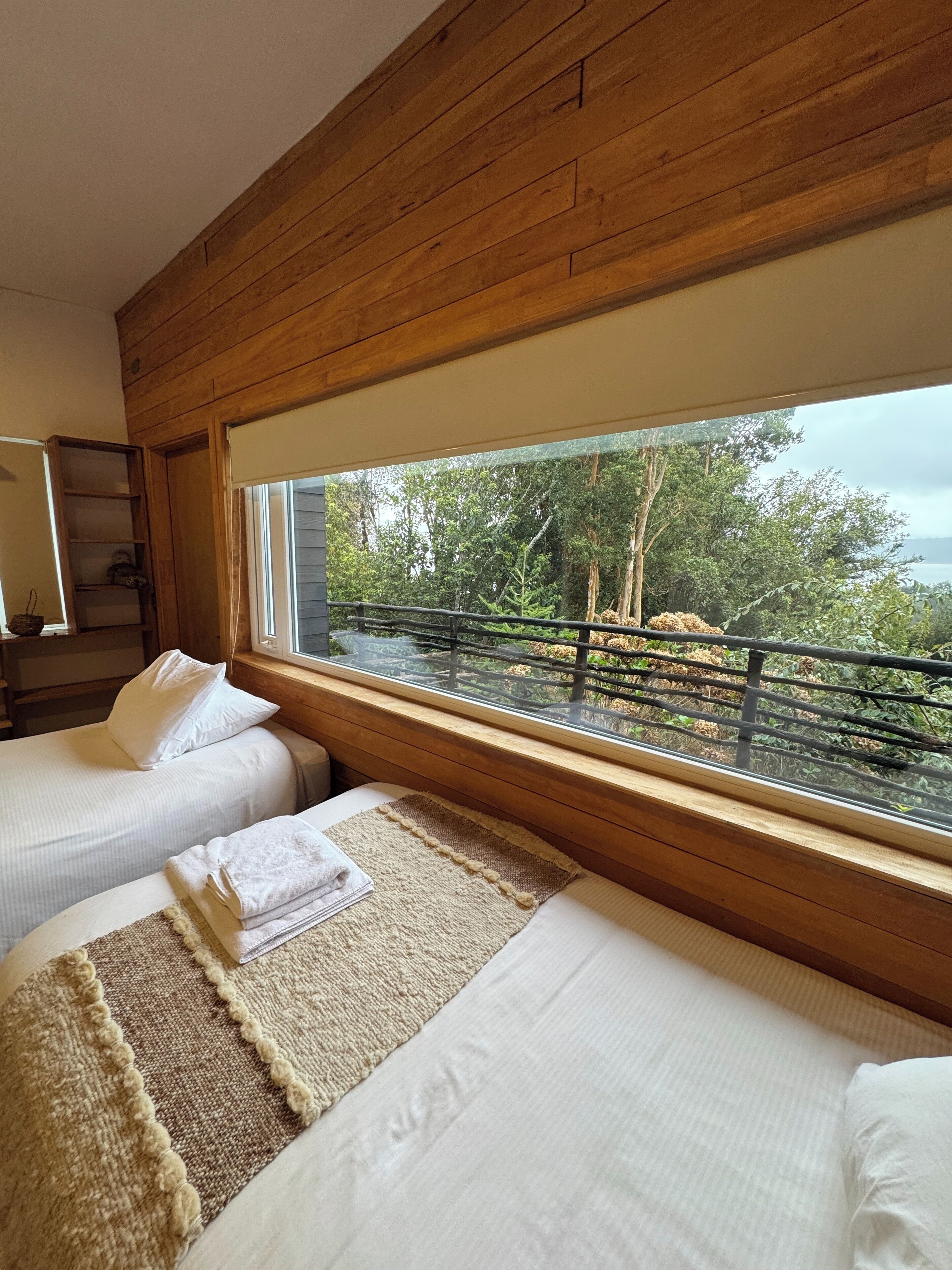 A room with two beds, wooden walls, a large window, and a view of trees and water.