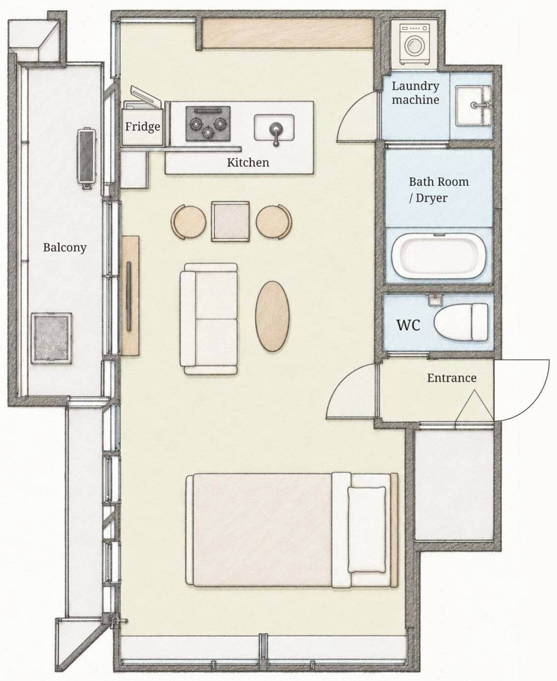 Grundriss eines Hotelzimmers mit Balkon, Küche, Waschmaschine, Badezimmer und WC.