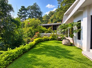Una casa moderna con un jardín bien cuidado, cielo despejado y diversas especies de árboles y arbustos.