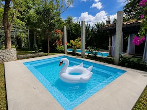 A swimming pool with a swan inflatable ring, surrounded by greenery and a clear sky.