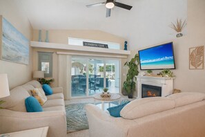 Smart TV, fireplace, video games, DVD player