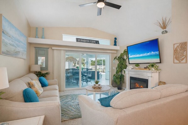 Smart TV, fireplace, video games, DVD player