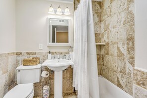 Hair dryer, towels, soap, shampoo