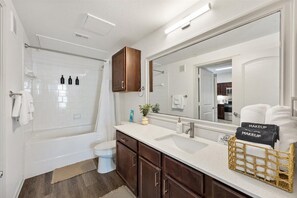 Hair dryer, towels, soap, shampoo