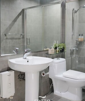 Shower, hair dryer, bidet, towels