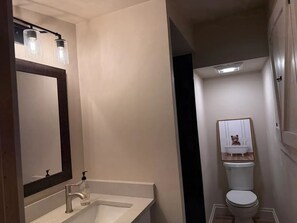 Shower, hair dryer, towels, toilet paper