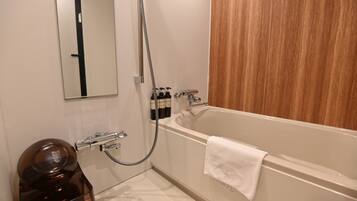 Separate tub and shower, free toiletries, hair dryer, electronic bidet