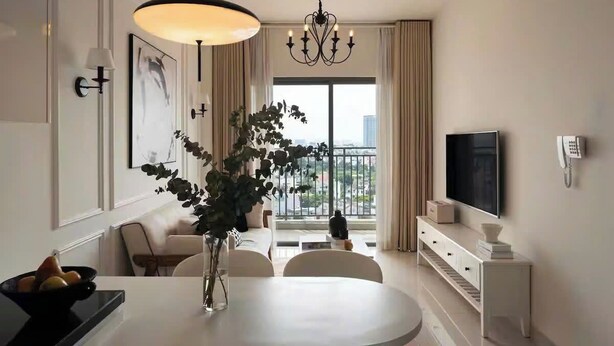 Habitación de hotel moderna con comedor, un amplio ventanal con vistas, una araña y un televisor de pantalla plana.