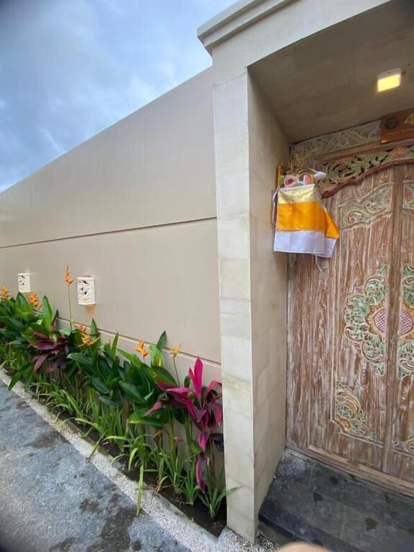 A building entrance with a beige wall, a decorative wooden door, and a small garden with various plants.