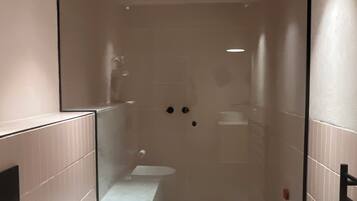 Een moderne badkamer met een douchecabine van glas, een toilet en een wastafel.
