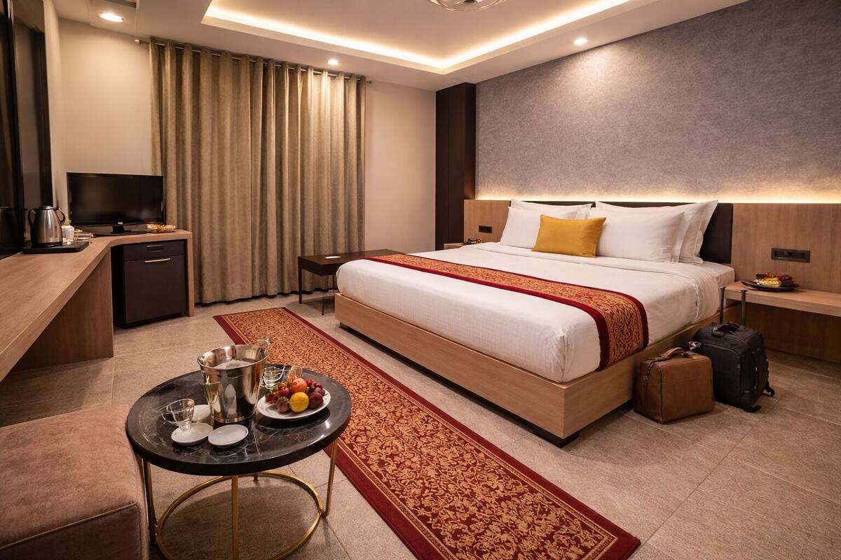 A modern hotel room with a large bed, bedside tables, a desk, a television, and a dining table with fruit and drinks.
