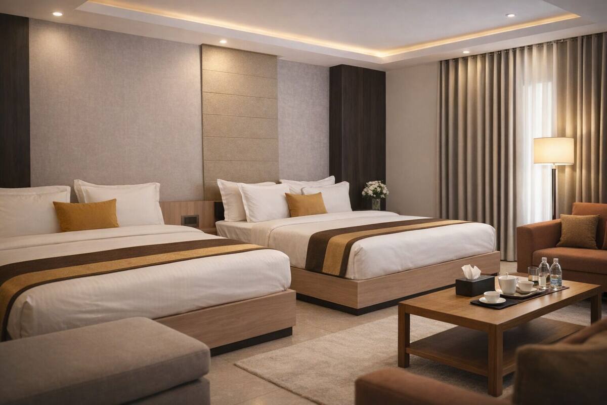 A hotel room with two beds, a sofa, a coffee table, and a lamp.