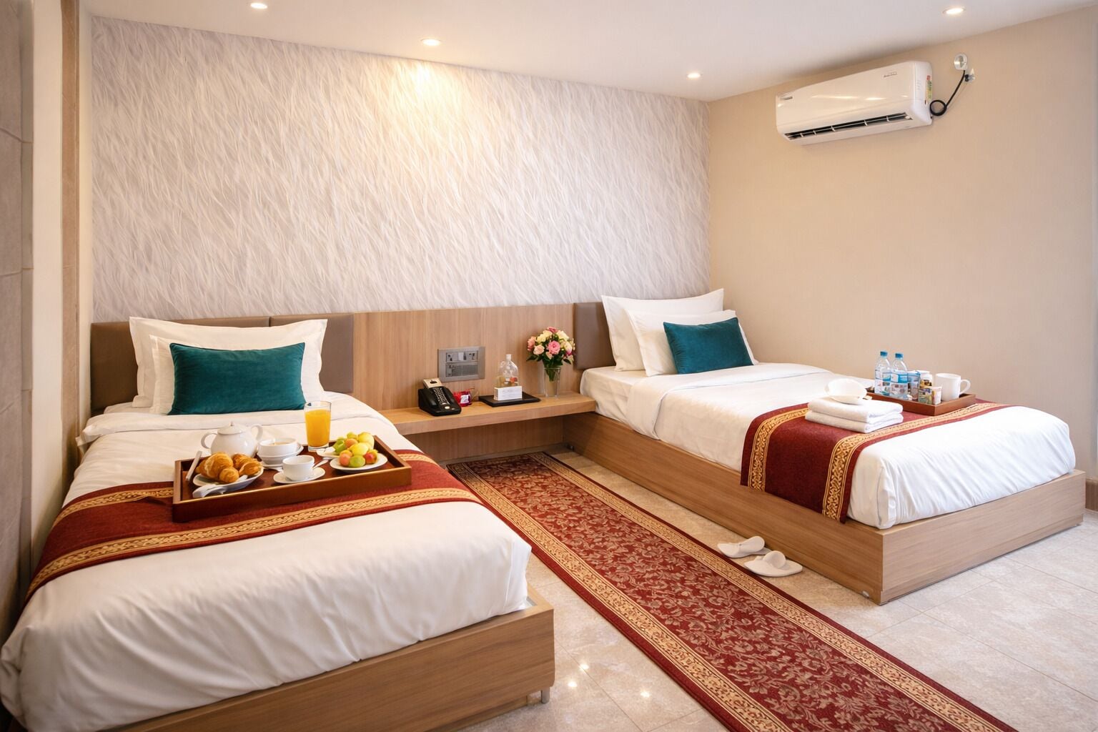 A hotel room with two single beds, a wooden headboard, a bedside table with a phone, a tray with breakfast, and an air conditioning unit on the wall.