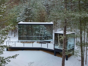 Una estructura moderna de vidrio con barandilla metálica, rodeada de árboles cubiertos de nieve.