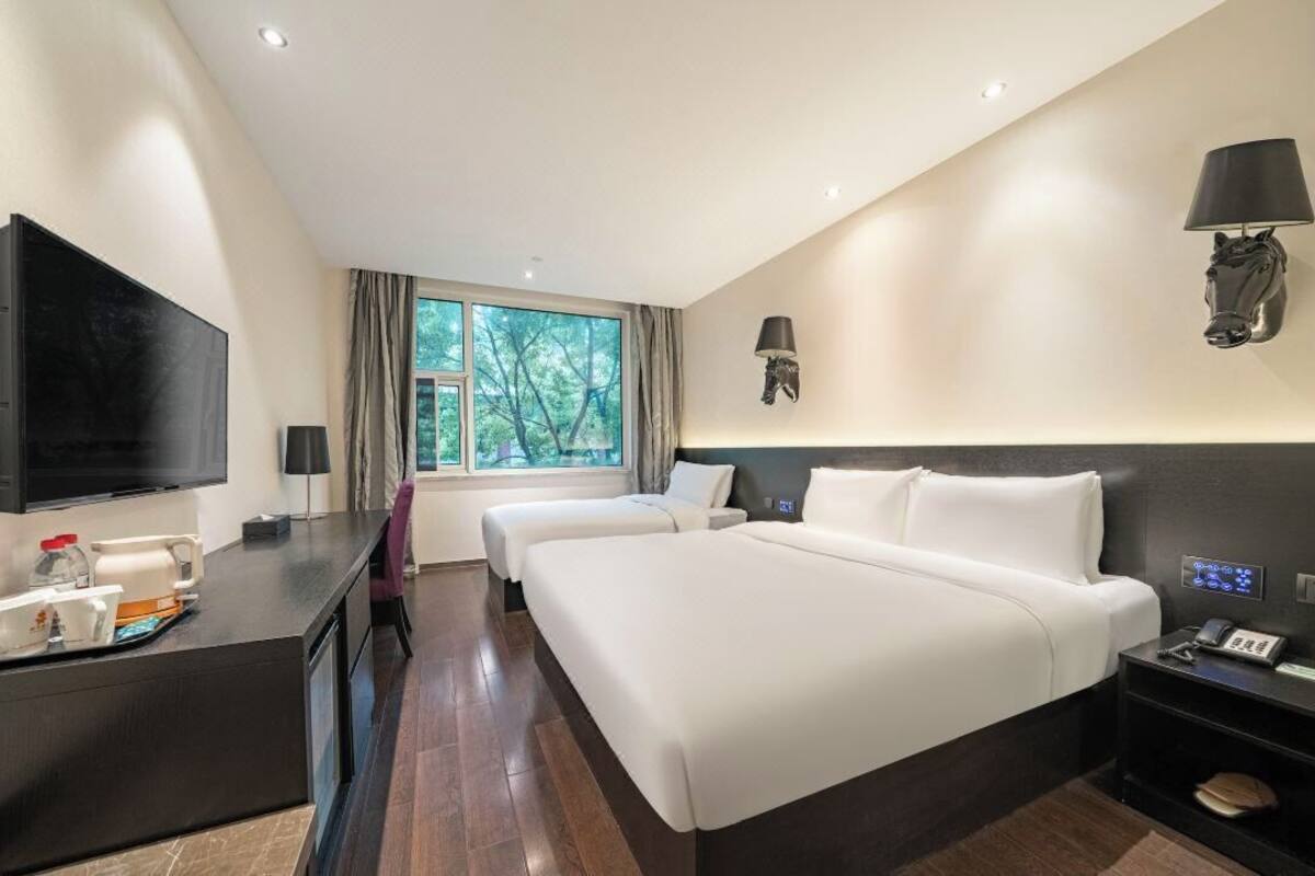 Une chambre d’hôtel avec un grand lit, une télévision, un bureau avec une machine à café et une fenêtre donnant sur des arbres.