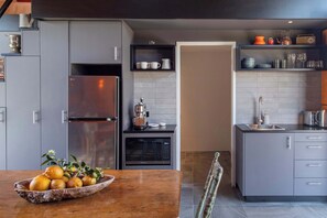 Fridge, microwave, coffee/tea maker, toaster