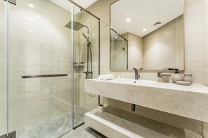 Shower, hair dryer, bidet, towels