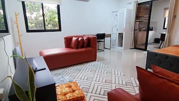 Apartamento luxo, 1 quarto, sacada, vista para a montanha | Área de estar | Smart TV 50 polegadas com canais digitais, Netflix