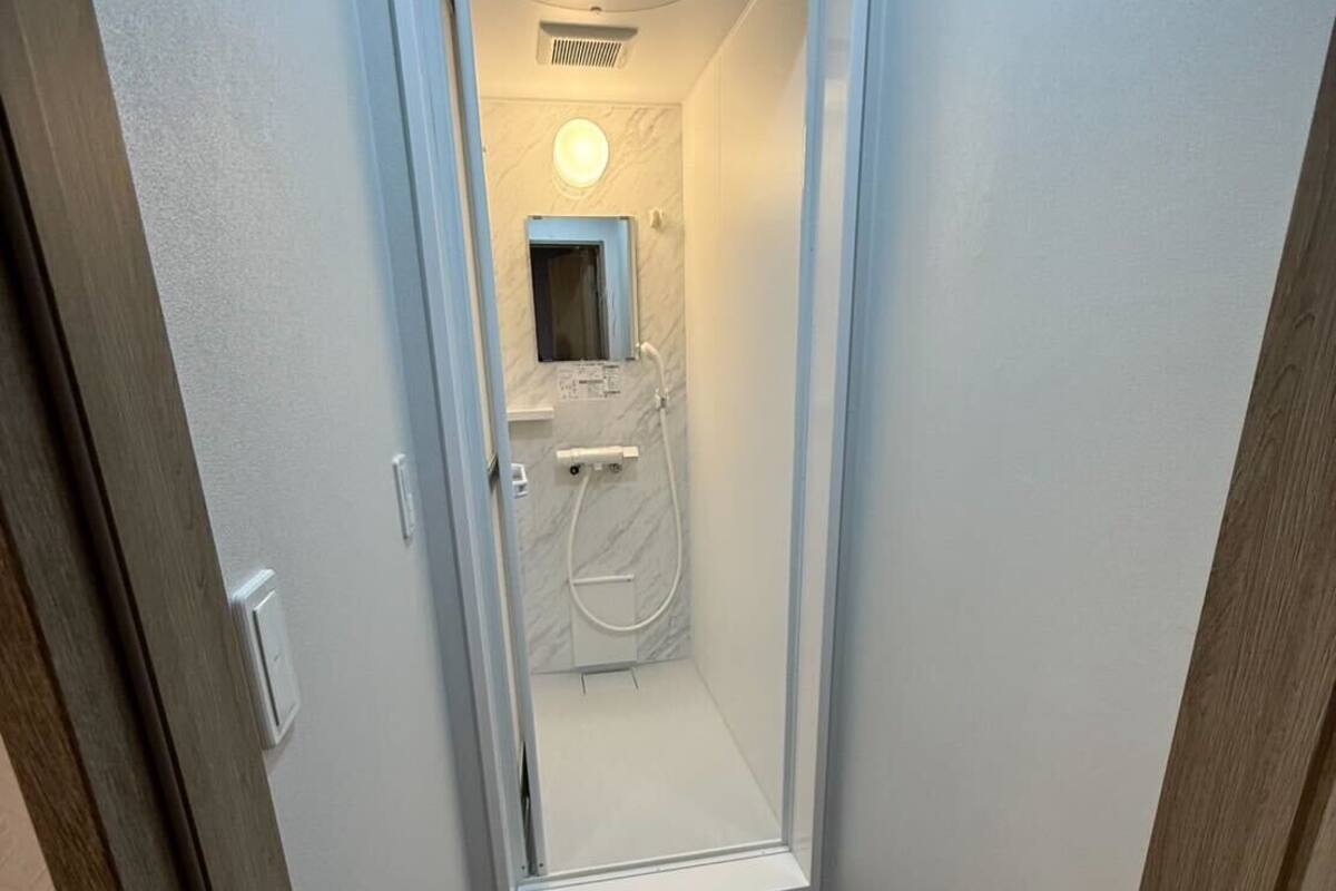 A narrow hallway leading to a bathroom with a shower, a mirror, and a light fixture.