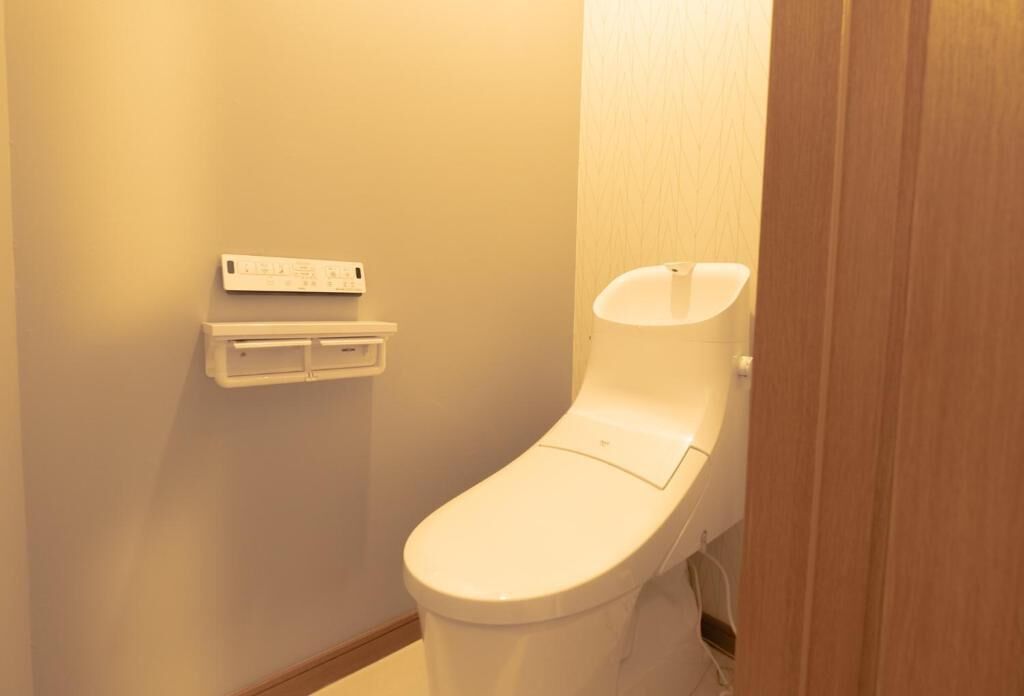 A standard white toilet with a wall-mounted flush handle and a small shelf above it.