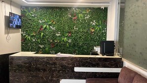 A reception area with a green wall decorated with butterflies and flowers, a marble reception desk, a television, and a brown couch. - White Ridge Hotel - Nagole (Hyderabad)