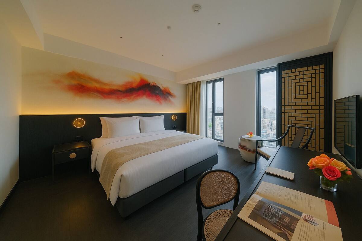 A modern hotel room with a large bed, a desk with a chair, a small table with a vase of flowers, and a large window offering a city view.